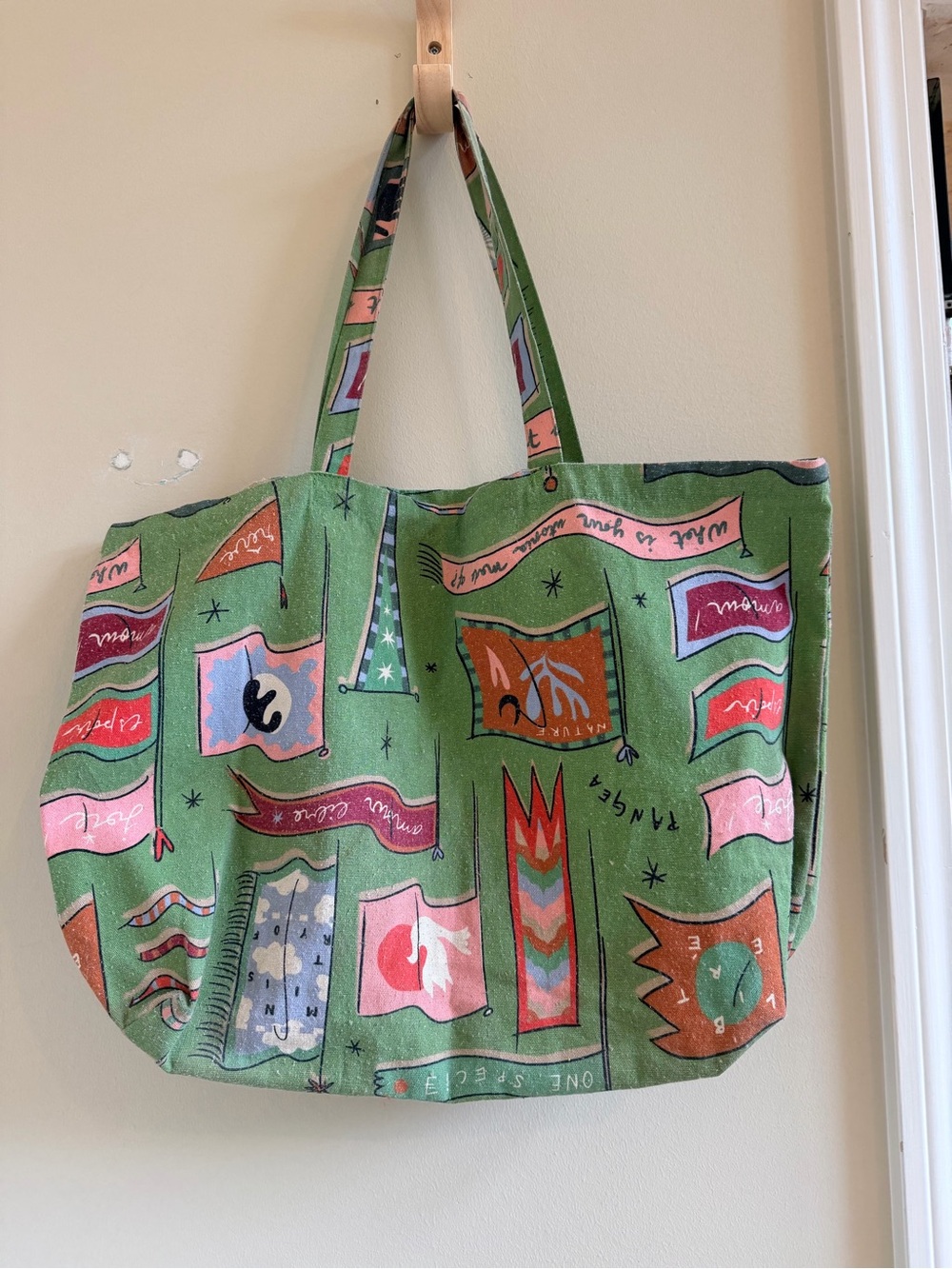 SEZANE Flag Print Green Canvas Tote Bag 13” x 19” w/10” handle drop - Picture 2 of 3